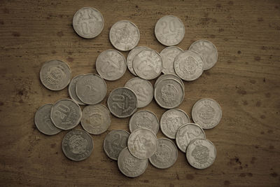 Close-up of coins on table