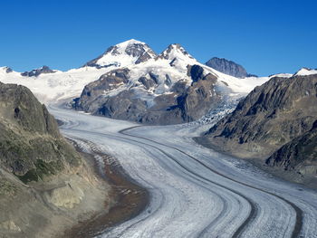 Scenic view of snowcapped mountains against clear sky