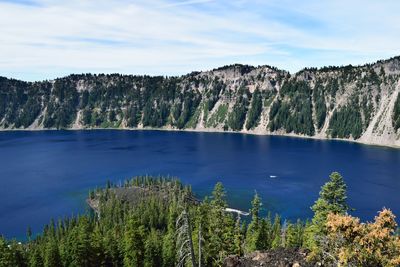 Scenic view of sea and trees against sky