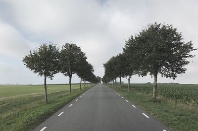 Road amidst trees on field against sky