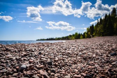 Surface level of stones on beach against sky