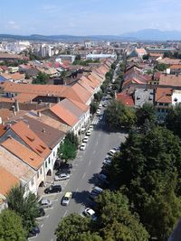 High angle view of street amidst buildings in city