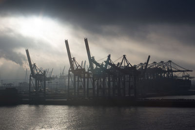 Cranes at commercial dock against sky during storm