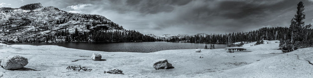 Panoramic view of snowcapped mountains and lake against sky