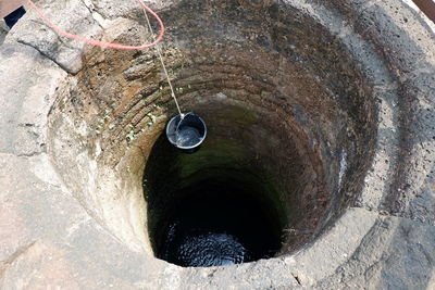 High angle view of water drop on pipe