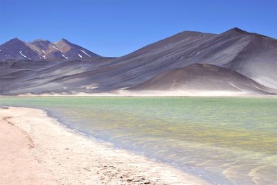 Scenic view of desert against clear blue sky