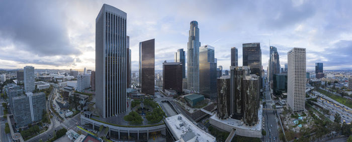 Aerial over downtown los angeles at dawn