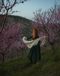 Rear view of woman standing on mountain