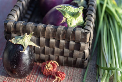 Still life with basket, eggplants, garlic chives, dried red peppers