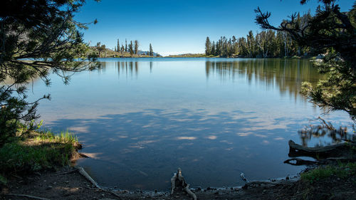 Scenic view of lake against clear sky