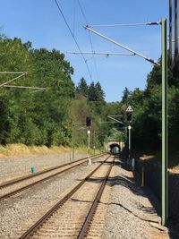 Railroad tracks against clear sky