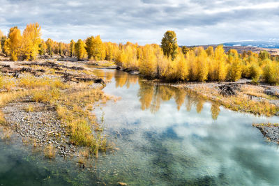 Scenic view of lake against sky during autumn