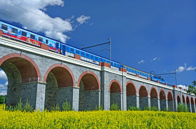 Train on bridge against blue sky
