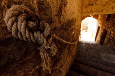 Close-up of rope tied up on wood