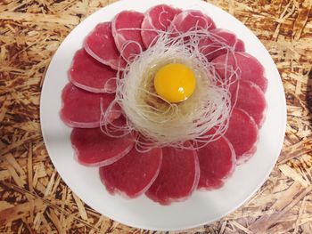 High angle view of egg in plate