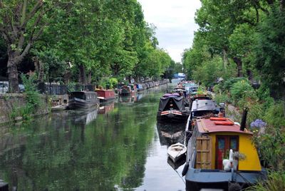 Boats moored in river