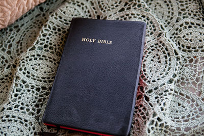 Close up of bible on table