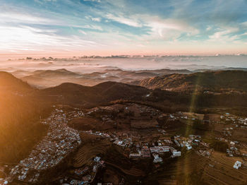 High angle view of cityscape against sky during sunset