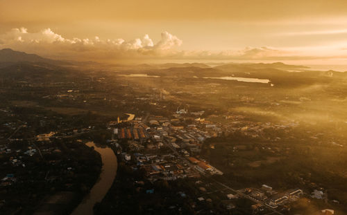 Aerial view of tuaran town during golden hour