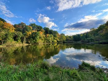 Scenic view of lake by trees against sky