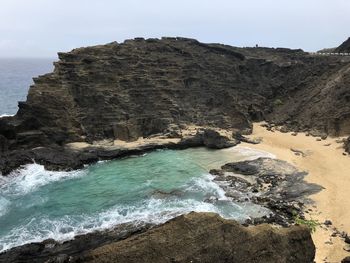 Scenic view of rocky beach against sky