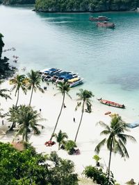 High angle view of boats moored in lake