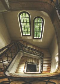 Low angle view of spiral staircase in building