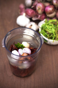 High angle view of salad in bowl on table