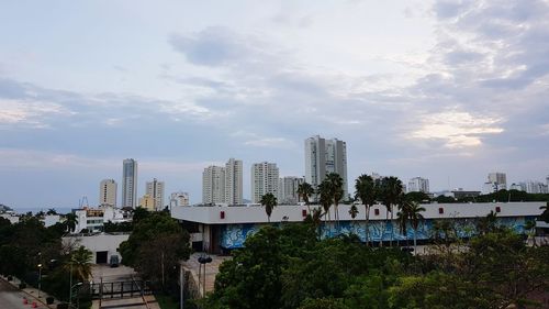 High angle view of buildings against sky