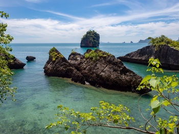 Scenic view of sea and rocks against sky