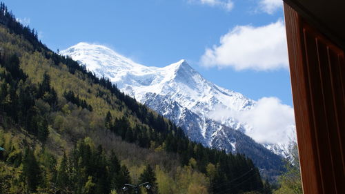 Scenic view of snow covered mountains against sky