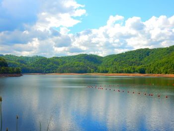 Scenic view of lake against cloudy sky