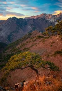 Scenic view of mountains against sky during sunset