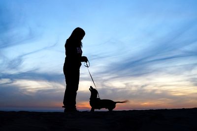 Silhouette man with dog standing against sky during sunset