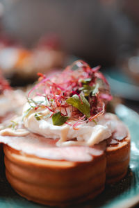 Close-up of poached egga in plate