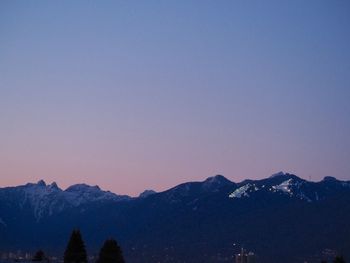 Scenic view of snowcapped mountains against clear sky