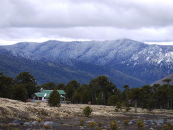 Scenic view of trees and mountains against sky