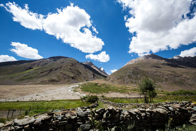 Scenic view of landscape and mountains against sky