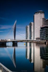 Bridge over river against blue sky in city