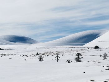 Scenic view of snow covered mountains against sky