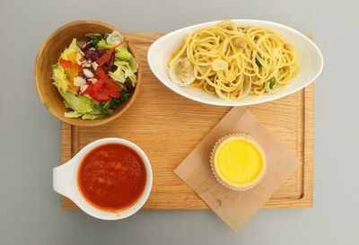 High angle view of breakfast served on table