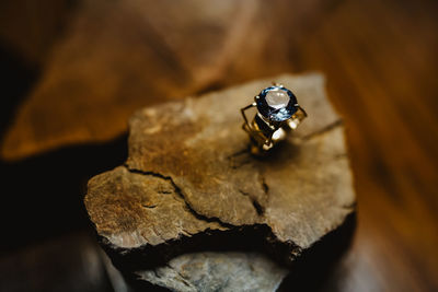 High angle view of wedding rings on rock