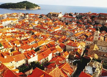 High angle view of residential district by sea