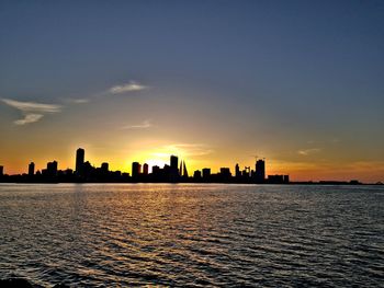 Silhouette buildings in city against sky during sunset