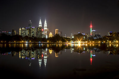 View of city lit up at night