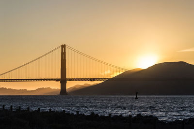 Silhouette golden gate bridge over bay against sky during sunset