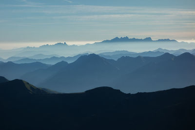 Scenic view of mountains against sky during sunset