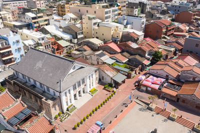 High angle view of buildings in town