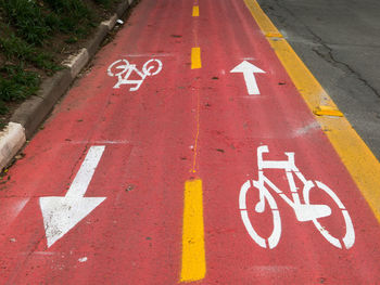 High angle view of arrow sign on bicycle lane