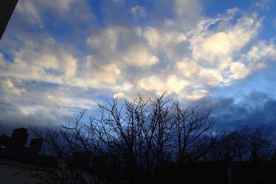 Low angle view of bare trees against cloudy sky